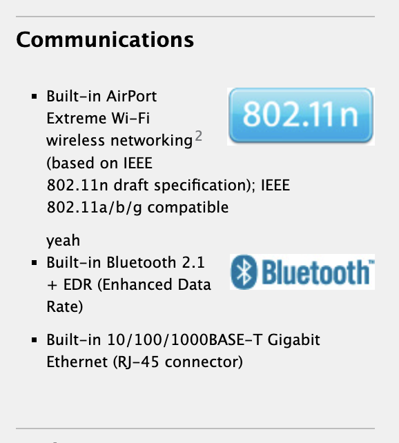 A screenshot from the MacBook Pro specs page from 2009 with the word "yeah" after the built-in AirPort Extreme specs
