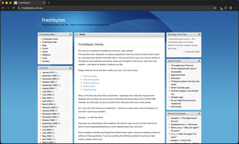 A screenshot of the freshbytes.com.au homepage, now dutifully preserved